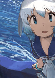 Rule 34 | 1girl, arm support, blue hair, blue sailor collar, blue wristband, common bottlenose dolphin (kemono friends), dolphin girl, fins, head fins, highres, kemono friends, looking at viewer, multicolored hair, open mouth, rumenia (ao2is), sailor collar, solo, water, wet, white hair, wristband