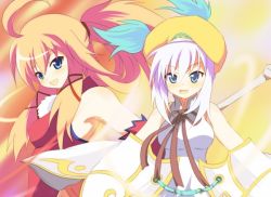 Rule 34 | althea, bare shoulders, blue eyes, breasts, hat, lucia (luminous arc), luminous arc, open mouth, pink hair, weapon, white hair