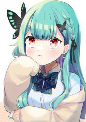 Rule 34 | 1girl, absurdres, black ribbon, blue bow, blue bowtie, blush, bow, bowtie, braid, brown jacket, butterfly hair ornament, closed mouth, collared shirt, colored inner hair, commentary request, earrings, green hair, hair ornament, hair ribbon, heart, heart earrings, highres, hololive, hololive fantasy, jacket, jewelry, looking at viewer, multicolored hair, plaid, plaid bow, plaid bowtie, purple hair, red eyes, ribbon, school uniform, shinomiya shino (sinosino141), shirt, simple background, sleeves past wrists, solo, uruha rushia, uruha rushia (school uniform), virtual youtuber, white background, white shirt