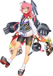 Rule 34 | 10s, 1girl, ahoge, alternate costume, ayaki, bike shorts, blue eyes, braid, cannon, eyebrows, floral print, full body, gloves, hair between eyes, hair ornament, hair ribbon, half gloves, headgear, japanese clothes, kantai collection, kimono, long hair, long sleeves, looking at viewer, machinery, nenohi (kancolle), new year, official art, open mouth, pink hair, ponytail, ribbon, shide, single braid, smile, socks, solo, torpedo, transparent background, white background, white socks, wide sleeves