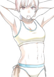 Rule 34 | 1girl, armpits, arms up, artist name, blush, brown eyes, bunching hair, closed mouth, hair tie, highres, konno tamao, monochrome, mouth hold, navel, sketch, solo, sports bra, spot color, teiraman, tokimeki memorial, tokimeki memorial girl&#039;s side, tokimeki memorial girl&#039;s side 3rd story, white background
