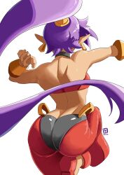 Rule 34 | 1girl, arabian clothes, arms up, artist logo, ass, automatic giraffe, back, bandeau, bracer, butt crack, cowboy shot, dated, earrings, facing away, from behind, harem pants, high ponytail, highres, jewelry, leg up, long hair, median furrow, pants, pointy ears, purple hair, shantae, shantae (series), shoes, sitting, skin tight, solo, strapless, tan, very long hair, white background