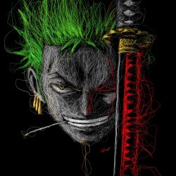 Rule 34 | 1boy, black background, clenched teeth, commentary, earrings, flyar9, green hair, highres, jewelry, katana, looking at viewer, male focus, mouth hold, one eye closed, one piece, roronoa zoro, short hair, signature, single earring, smile, solo, sword, teeth, toothpick, weapon, yellow eyes