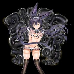 Rule 34 | 1girl, :&lt;, animal ears, artist name, balloon, black background, black bra, black hair, black thighhighs, bow, bowtie, bra, char, closed mouth, collar, gloves, highres, leather, lingerie, long hair, looking at viewer, maid, maid headdress, necro-san, original, panties, see-through, sidelocks, simple background, solo, thighhighs, twintails, underwear, white gloves, yellow eyes, zettai ryouiki