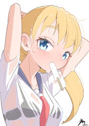 Rule 34 | 1girl, absurdres, arms behind back, arms up, black bra, blonde hair, blue eyes, blush, bra, bra visible through clothes, breasts, collarbone, commentary, emma (3one3o), eyelashes, food, food in mouth, highres, messy bangs, original, ponytail, popsicle, popsicle in mouth, sailor collar, school uniform, see-through, see-through shirt, serafuku, shirt, signature, simple background, small breasts, sweat, sweaty clothes, underwear, upper body, wet, wet clothes, wet shirt, white background