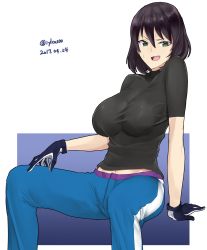 Rule 34 | 10s, 1girl, absurdres, arm support, black gloves, black hair, black shirt, blue pants, breasts, dark-skinned female, dark skin, dated, girls und panzer, gloves, green eyes, highres, hoshino (girls und panzer), irukatto, large breasts, looking at viewer, navel, open mouth, pants, shirt, short hair, short sleeves, single vertical stripe, sitting, solo, sweat, tomboy, track pants, twitter username