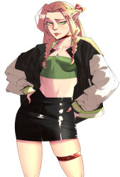 Rule 34 | 1girl, absurdres, belt, black choker, black skirt, blonde hair, braid, breasts, choker, contemporary, cowboy shot, dungeon meshi, earrings, elf, genderswap, genderswap (mtf), green eyes, hair ornament, hands in pockets, hands on own hips, highres, jacket, jewelry, jobin chan, lips, long hair, long sleeves, looking at viewer, makeup, marcille donato, midriff, nail polish, navel, necklace, open clothes, open jacket, pointy ears, shirt, shorts, simple background, single braid, skirt, small breasts, smile, solo, standing, strapless, thigh strap, thighs, tongue, tongue out, torn clothes, twin braids, white background
