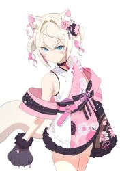 Rule 34 | 1girl, angelchama, animal ear fluff, animal ears, animal hands, blonde hair, blue eyes, blush, dog ears, dog girl, dog paws, dog tail, floral print kimono, flower, hair flower, hair ornament, highres, hololive, hololive english, japanese clothes, kimono, looking at viewer, medium hair, mococo abyssgard, mococo abyssgard (new year), official alternate costume, pink hair, pink kimono, short kimono, solo, tail, twintails, virtual youtuber, white background