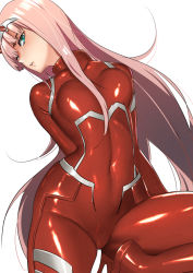 Rule 34 | 10s, 1girl, aqua eyes, blush, bodysuit, breasts, commentary request, covered navel, darling in the franxx, domo1220, head tilt, horns, long hair, medium breasts, parted lips, pilot suit, pink hair, red bodysuit, simple background, skin tight, solo, very long hair, white background, zero two (darling in the franxx)