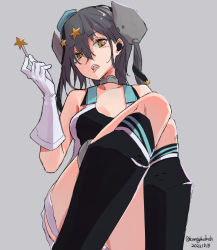 Rule 34 | 1girl, aqua hat, black footwear, black one-piece swimsuit, black ribbon, candy, competition swimsuit, dated, food, garrison cap, gloves, grey eyes, grey hair, hair ornament, hair ribbon, hat, highleg, highleg swimsuit, kangoku kou, kantai collection, lollipop, long hair, one-hour drawing challenge, one-piece swimsuit, ribbon, scamp (kancolle), short shorts, shorts, side ponytail, sitting, solo, star (symbol), star hair ornament, swimsuit, swimsuit under clothes, torn clothes, torn shorts, twitter username, white gloves, white shorts