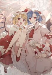 Rule 34 | 2girls, :d, ascot, back bow, bat wings, blonde hair, blue hair, blush, bow, brooch, collar, commentary, crossed legs, crystal, cup, drinking glass, english commentary, fang, fingernails, flandre scarlet, frilled collar, frilled skirt, frilled sleeves, frills, full body, grin, hat, hat ribbon, high heels, highres, jewelry, knees, large bow, laspberry., looking at viewer, mob cap, multicolored wings, multiple girls, no socks, open mouth, puffy short sleeves, puffy sleeves, red ascot, red bow, red eyes, red footwear, red ribbon, red skirt, red vest, red wine, remilia scarlet, ribbon, ribbon-trimmed headwear, ribbon trim, short hair, short sleeves, siblings, sisters, skin fang, skirt, smile, teeth, touhou, vest, white bow, white headwear, wine glass, wings, wrist cuffs, yellow ascot