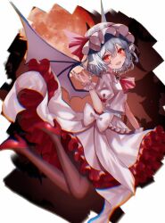 Rule 34 | 1girl, ascot, bat wings, black pantyhose, commentary, fangs, frilled skirt, frills, full body, full moon, grey hair, hat, hat ribbon, high heels, highres, looking at viewer, mob cap, moon, open mouth, pantyhose, pointy ears, red ascot, red eyes, red footwear, red moon, red ribbon, remilia scarlet, ribbon, sakizaki saki-p, shirt, short hair, short sleeves, skirt, smile, solo, touhou, twitter username, white hat, white shirt, white skirt, wings