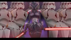 Rule 34 | 1girl, absurdres, am (star wars), amarenafallen, boots, breasts, cape, dual wielding, energy sword, helmet, highres, holding, holding lightsaber, letterboxed, lightsaber, medium breasts, pilot suit, purple cape, red lightsaber, sith, skin tight, solo, star wars, star wars manga, stormtrooper, sword, thigh boots, thigh gap, thighhighs, thighs, tiara, trigger (company), walking, weapon