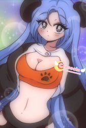 Rule 34 | 1990s (style), 1girl, animal ears, black jacket, black pants, blue background, blue eyes, blue hair, blush, borrowed character, breasts, bubble background, cleavage, cresscin, green background, highres, jacket, large breasts, long hair, long sleeves, looking at viewer, midriff, bae minah (chaesu), navel, open clothes, open jacket, orange shirt, panda ears, panda girl, pants, paw print, print shirt, retro artstyle, shirt, sparkle, standing, two-tone background