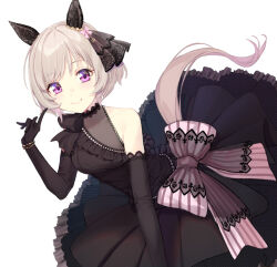 Rule 34 | 1girl, animal ears, bare shoulders, black dress, black gloves, blush, bow, breasts, cleavage, coffeekite, commentary request, curren chan (sakutsuki ma cherie) (umamusume), curren chan (umamusume), dress, dress bow, ear covers, ear ornament, elbow gloves, gloves, grey hair, horse ears, horse girl, horse tail, looking at viewer, medium breasts, official alternate costume, pink bow, purple eyes, see-through, see-through cleavage, short hair, simple background, smile, solo, tail, umamusume, veil, white background