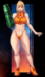 Rule 34 | 1girl, absurdres, arm cannon, bare shoulders, bemannen, blonde hair, blue eyes, breasts, cleavage cutout, closed mouth, clothing cutout, full body, highleg, highres, legs, lips, lipstick, long hair, looking at viewer, makeup, medium breasts, metroid, nail polish, navel, nintendo, ponytail, samus aran, shoes, sidelocks, sneakers, solo, standing, star (symbol), starry background, thick thighs, thighs, thong, weapon