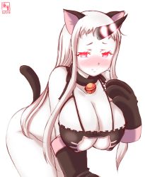 Rule 34 | 10s, 1girl, absurdres, abyssal ship, alternate costume, anal tail, animal ears, animal hands, bent over, blush, bottomless, breasts, butt plug, cat cutout, cat ears, cat lingerie, cat paws, cat tail, claws, cleavage cutout, clothing cutout, colored skin, dated, embarrassed, fake tail, highres, horns, huge breasts, kanon (kurogane knights), kantai collection, long hair, looking at viewer, meme attire, red eyes, seaport princess, single horn, sketch, solo, tail, white hair, white skin