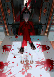 Rule 34 | 1boy, absurdres, au (d elete), black footwear, blood, blood splatter, candlestand, chair, commentary, crossed arms, crossed legs, cup, drinking glass, english commentary, formal, full body, grey hair, highres, indoors, jacket, jacket on shoulders, kuzuha (nijisanji), loafers, male focus, mirror, necktie, nijisanji, pants, petals, plate, pointy ears, red eyes, red jacket, red necktie, red pants, red shirt, red socks, red suit, shaded face, shirt, shoes, short hair, sitting, socks, solo, suit, table, tablecloth, virtual youtuber, wine glass