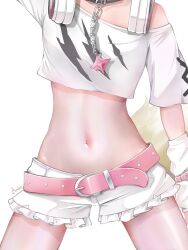 Rule 34 | 1girl, absurdres, belt, chain, collar, crop top, head out of frame, headphones, headphones around neck, highres, hololive, hololive english, laki amari, lower body, midriff, mococo abyssgard, mococo abyssgard (1st costume), navel, off shoulder, shorts, simple background, solo, virtual youtuber, white background
