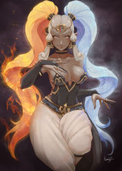 Rule 34 | 1girl, absurdres, baggy pants, bare shoulders, blue fire, breasts, bridal gauntlets, choker, closed mouth, collarbone, covered navel, dark-skinned female, dark skin, earrings, embers, fiery hair, fire, gerudo, grey hair, hand up, highres, ice, jewelry, kumanz, leotard, lips, long hair, looking at viewer, mature female, medium breasts, multicolored hair, nintendo, orange hair, pants, pointy ears, ring, sidelocks, smile, solo, strapless, strapless leotard, the legend of zelda, the legend of zelda: ocarina of time, tiara, twinrova, very long hair