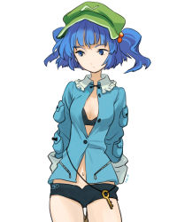 Rule 34 | 1girl, arms behind back, bikini, bikini top only, bikini under clothes, blue eyes, blue hair, breasts, cleavage, collared shirt, female focus, hair bobbles, hair ornament, hat, iwamoto zerogo, kawashiro nitori, key, matching hair/eyes, medium breasts, navel, open clothes, open shirt, shirt, short shorts, shorts, simple background, solo, swimsuit, swimsuit under clothes, touhou, twintails, two side up, unbuttoned, visor cap