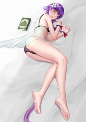 Rule 34 | 1girl, :d, absurdres, ass, bare shoulders, barefoot, bikini, book, closed eyes, commission, fire emblem, fire emblem: the sacred stones, fire emblem heroes, flower, hair flower, hair ornament, highres, lute (fire emblem), lying, medium hair, nintendo, oirin, on side, open mouth, pixiv commission, purple hair, see-through, sleeping, smile, soles, solo, swimsuit, tentacles, tickling, tickling feet, toes
