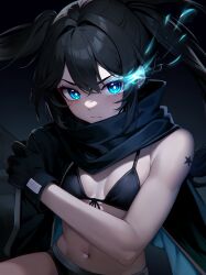 Rule 34 | 1girl, absurdres, bare shoulders, bikini, bikini top only, black gloves, black hair, black rock shooter, black rock shooter (character), blue eyes, gloves, highres, jacket, long hair, navel, non-web source, open clothes, open jacket, scarf, shorts, star tattoo, swimsuit, tattoo, tokyo (1421), twintails