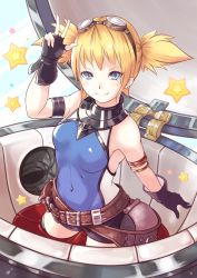 Rule 34 | 1girl, blonde hair, blue eyes, fingerless gloves, gloves, goggles, goggles on head, granblue fantasy, highres, leotard, pengie, rokumaru, short shorts, short twintails, shorts, smile, solo, standing, star (symbol), tagme, twintails