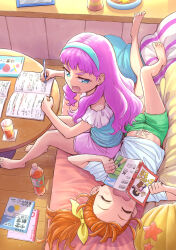 Rule 34 | 2girls, absurdres, barefoot, blue eyes, blue hairband, blue shirt, book, bottle, closed eyes, couch, cup, drinking glass, frilled shirt, frills, from above, frown, glaring, green shorts, hair pulled back, hair ribbon, hairband, highres, holding, holding book, holding pen, indoors, itou shin&#039;ichi, laura la mer, long hair, looking at another, looking back, loungewear, lying, medium hair, multiple girls, natsuumi manatsu, on back, on couch, open mouth, orange hair, pen, pink shorts, precure, purple hair, ribbon, shirt, short shorts, shorts, side ponytail, sitting, smile, star (symbol), t-shirt, tropical-rouge! precure, white shirt, wooden floor, writing, yellow ribbon