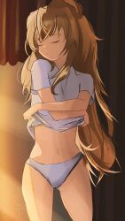 Rule 34 | 1girl, absurdres, aisaka taiga, brown hair, closed eyes, closed mouth, clothes lift, commentary, curtains, cynist1, highres, indoors, lifting own clothes, long hair, midriff, navel, no pants, panties, shirt, shirt lift, short sleeves, solo, standing, toradora!, underwear, undressing, white panties, white shirt