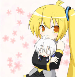 1girl ahoge akita_neru arffim426 blonde_hair character_doll detached_sleeves doll hair_ornament highres holding holding_doll hugging_doll hugging_object long_hair long_sleeves looking_at_viewer open_mouth shirt side_ponytail sleeveless sleeveless_shirt solo very_long_hair vocaloid yellow_eyes yowane_haku