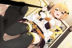 Rule 34 | 1girl, ahoge, bare shoulders, belt, black skirt, black thighhighs, blonde hair, blurry, blurry foreground, blush, bracelet, breasts, choker, commentary request, depth of field, dutch angle, eyelashes, fang, feet, femdom, foot focus, foreshortening, frilled shirt, frills, from below, gold trim, hair ornament, holding, holding leash, hololive, jewelry, leash, leash pull, looking at viewer, medium breasts, medium hair, miniskirt, navel, nejime, pov, revealing clothes, see-through, shadow, shirt, short hair, sitting, skirt, smug, soles, strapless, thighhighs, toes, virtual youtuber, yellow eyes, yozora mel, yozora mel (1st costume)