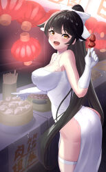 Rule 34 | 1girl, absurdres, azur lane, black hair, bouhuuu, breasts, china dress, chinese clothes, cowboy shot, dress, elbow gloves, gloves, highres, lantern, large breasts, long hair, looking at viewer, official alternate costume, open mouth, paper lantern, side slit, solo, standing, takao (azur lane), takao (the lessons of spring) (azur lane), taut clothes, taut dress, thighhighs, very long hair, white dress, white gloves, white thighhighs, yellow eyes