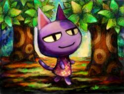 Rule 34 | 1boy, animal crossing, bob (animal crossing), cat boy, closed mouth, commentary, cortoony, english commentary, floral print, furry, furry male, grass, lowres, male focus, nintendo, pink shirt, shirt, sleeveless, sleeveless shirt, smile, solo, tree, walking, yellow eyes