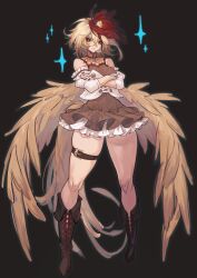 Rule 34 | 1girl, adapted costume, animal, animal on head, bird, bird wings, black background, blonde hair, blush, boots, bow, breasts, brown footwear, buckle, chick, commentary, cross-laced footwear, crossed arms, detached sleeves, dress, expressionless, feathered wings, fingernails, frilled dress, frills, full body, highres, joker (stjoker), knees, lips, long sleeves, looking at viewer, medium breasts, multicolored hair, nail polish, niwatari kutaka, on head, red bow, red eyes, red hair, red nails, red ribbon, ribbon, sharp fingernails, short hair, simple background, solo, sparkle, thick thighs, thigh strap, thighs, touhou, two-tone hair, vest, white vest, wings, yellow wings