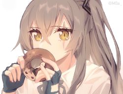 Rule 34 | 1girl, black gloves, commentary request, doughnut, fingerless gloves, food, girls&#039; frontline, gloves, grey hair, hair between eyes, holding, long hair, looking at viewer, moa (21energy12), scar, scar across eye, scar on face, simple background, solo, ump45 (girls&#039; frontline), white background, yellow eyes