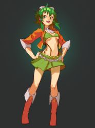 Rule 34 | 1girl, absurdres, boots, breasts, frilled skirt, frills, full body, goggles, goggles on head, gradient background, green eyes, green hair, green skirt, gumi, gumi (v3 megpoid), hands on own hips, highres, long sleeves, looking at viewer, medium breasts, midriff, open mouth, pleated skirt, red footwear, short hair, skirt, smile, solo, standing, topdylan, vocaloid