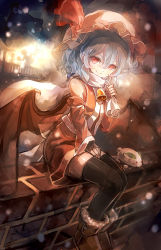 Rule 34 | 1girl, 60mai, ankle boots, bat wings, bell, black thighhighs, blue hair, blush, boots, brown footwear, christmas, detached sleeves, flandre scarlet, fur boots, hat, looking at viewer, red eyes, remilia scarlet, sack, santa costume, santa hat, sitting, sketch, smile, snow rabbit, solo, thighhighs, touhou, wings, zettai ryouiki