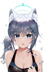 Rule 34 | 1girl, absurdres, animal ears, blue archive, blue eyes, blue halo, breasts, cleavage, cross hair ornament, grey hair, hair ornament, halo, highres, looking at viewer, medium breasts, official alternate costume, shan (ti0n), shiroko (blue archive), shiroko (swimsuit) (blue archive), simple background, solo, swimsuit, upper body, white background