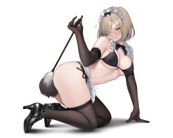Rule 34 | 1girl, absurdres, all fours, alternate costume, anger vein, angry, apron, ass, bikini, black bikini, black footwear, black gloves, black thighhighs, blonde hair, blush, breasts, collar, covering privates, covering ass, duster, elbow gloves, enmaided, eyes visible through hair, feather duster, frilled collar, frills, from side, gloves, grey hair, hair over one eye, high heels, highres, large breasts, maid, maid bikini, maid headdress, nose blush, original, scowl, shoes, short hair, side-tie bikini bottom, string bikini, svet yomi, swimsuit, thighhighs, unconventional maid, white apron, white background, yellow eyes