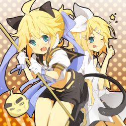 Rule 34 | 1boy, 1girl, aina (artist), animal ears, bad id, bad pixiv id, bisuko (bisco mm), blonde hair, brother and sister, cat ears, cat tail, kagamine len, kagamine rin, navel, one eye closed, short ponytail, shorts, siblings, tail, tongue, twins, vocaloid, wink