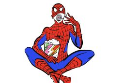 Rule 34 | 1boy, character name, crossed legs, eating, food, highres, holding, holding food, marvel, mask, open mouth, pectorals, peter parker, popcorn, sitting, solo, spider-man, spider-man (series), superhero costume, sushio, uniform, white background