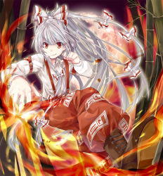 Rule 34 | 1girl, bad id, bad pixiv id, bamboo, bow, female focus, fire, fujiwara no mokou, grin, hair bow, highres, long hair, lunica, moon, pants, ponytail, red eyes, rukashima, shoes, smile, solo, suspenders, touhou, white hair