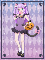Rule 34 | 1girl, absurdres, animal ears, argyle, argyle background, argyle clothes, bare shoulders, bell, black footwear, blue eyes, blush, bow, candy, cat ears, cat tail, commentary request, cure majesty, dress, ellee-chan, food, full body, halloween bucket, highres, hirogaru sky! precure, holding, holding candy, holding food, holding lollipop, jingle bell, lollipop, long hair, looking at viewer, mameshiba (pixiv 59310), neck bell, pink bow, precure, purple dress, purple hair, sleeveless, sleeveless dress, socks, solo, standing, swirl lollipop, tail, tail bow, tail ornament, tongue, tongue out, two side up, very long hair, white socks, wrist cuffs