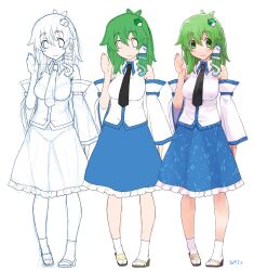 Rule 34 | 1girl, antenna hair, blue skirt, blush, bra, breasts, brown footwear, closed mouth, collared shirt, commentary request, dated, detached sleeves, frilled skirt, frills, frog hair ornament, full body, green eyes, green hair, hair between eyes, hair ornament, highres, impossible clothes, impossible shirt, kei jiei, kochiya sanae, large breasts, long hair, looking at viewer, panties, sandals, shirt, simple background, single hair tube, sketch, skirt, sleeveless, sleeveless shirt, smile, snake hair ornament, socks, standing, touhou, underwear, white background, white shirt, white sleeves, white socks