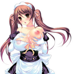 Rule 34 | 1girl, bad id, bad pixiv id, bare shoulders, blush, grabbing another&#039;s breast, breast slip, breasts, brown eyes, brown hair, covered erect nipples, cum, cum on body, cum on breasts, cum on upper body, grabbing, grabbing own breast, large breasts, long hair, maid, nipples, one breast out, ookami ryousuke, ribbon, solo, twintails
