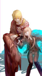 Rule 34 | 1boy, 1girl, ahoge, artoria pendragon (all), artoria pendragon (fate), bad id, bad pixiv id, blonde hair, fate/zero, fate (series), formal, gilgamesh (fate), gloves, green eyes, highres, jewelry, lilin99jh, necklace, pant suit, pants, ponytail, red eyes, reverse trap, saber (fate), simple background, suit, tattoo