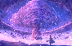 Rule 34 | 1girl, ahoge, black cat, capelet, cat, cloud, commentary request, dress, dust, fantasy, floating rock, full body, giant tree, gradient sky, highres, holding, holding staff, long hair, original, outdoors, ponytail, purple capelet, purple dress, purple sky, purple theme, sakimori (hououbds), scenery, sky, solo, sparkle, staff, star (sky), starry sky, tree, wide shot