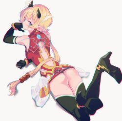 Rule 34 | 1girl, armor, ass, bad id, bad twitter id, bare shoulders, blonde hair, blue eyes, blush, boots, breasts, chromatic aberration, cleavage, gloves, high heel boots, high heels, horns, kora (xenoblade), looking at viewer, looking back, lying, medium breasts, nintendo, on stomach, pointy ears, shiomi (lowrise), short hair, simple background, smile, solo, xenoblade chronicles (series), xenoblade chronicles 2