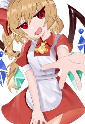 Rule 34 | 1girl, absurdres, apron, ascot, blonde hair, cowboy shot, crystal wings, dress, flandre scarlet, highres, maid, maid apron, maid headdress, medium hair, open mouth, reaching, reaching towards viewer, red dress, red eyes, side ponytail, simple background, teruteru (pixiv 98065144), touhou, white background, yellow ascot